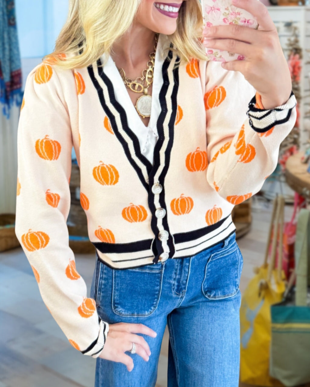 Pumpkin Print Knitted Cardigan