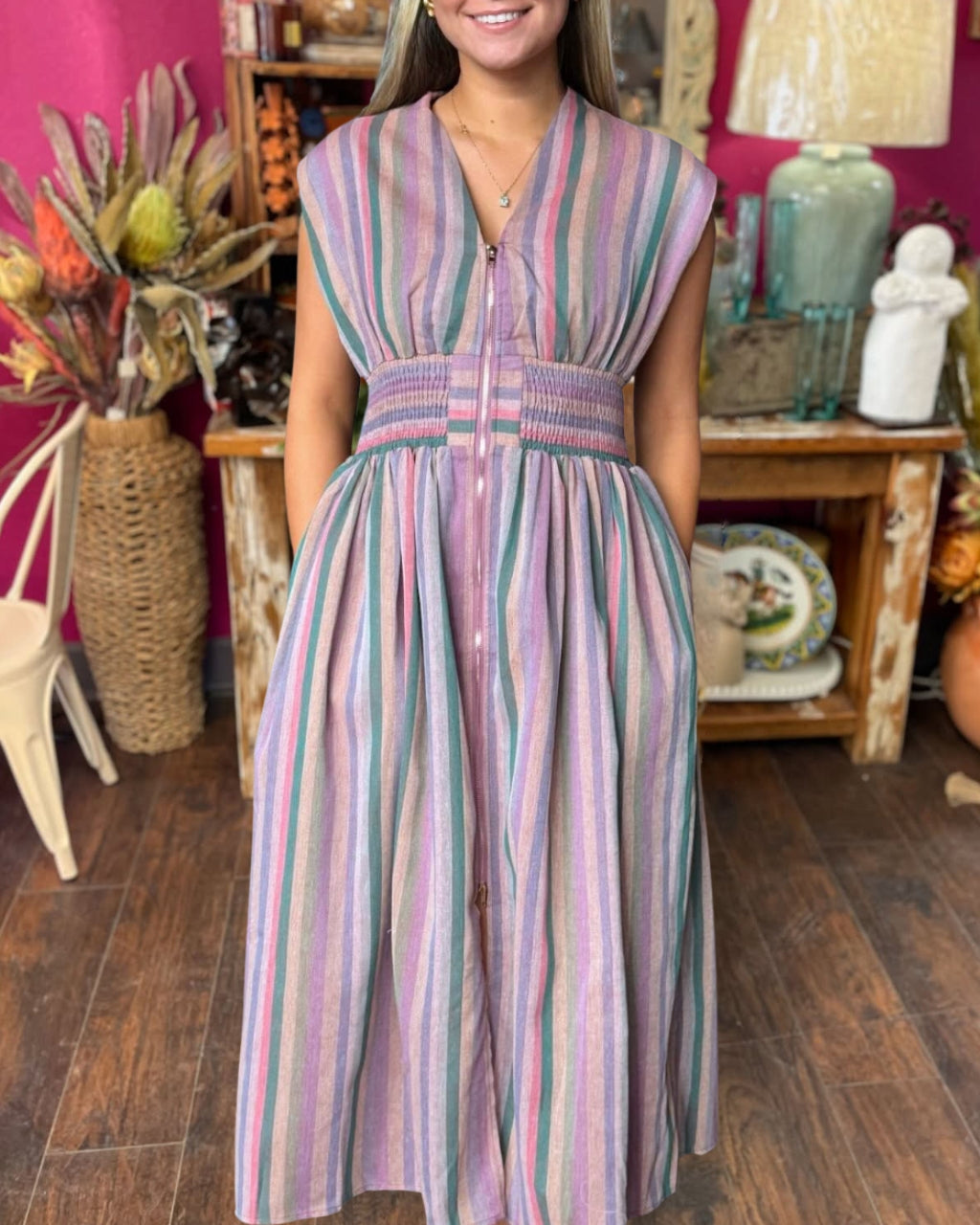 Striped Gathered Waist Dress