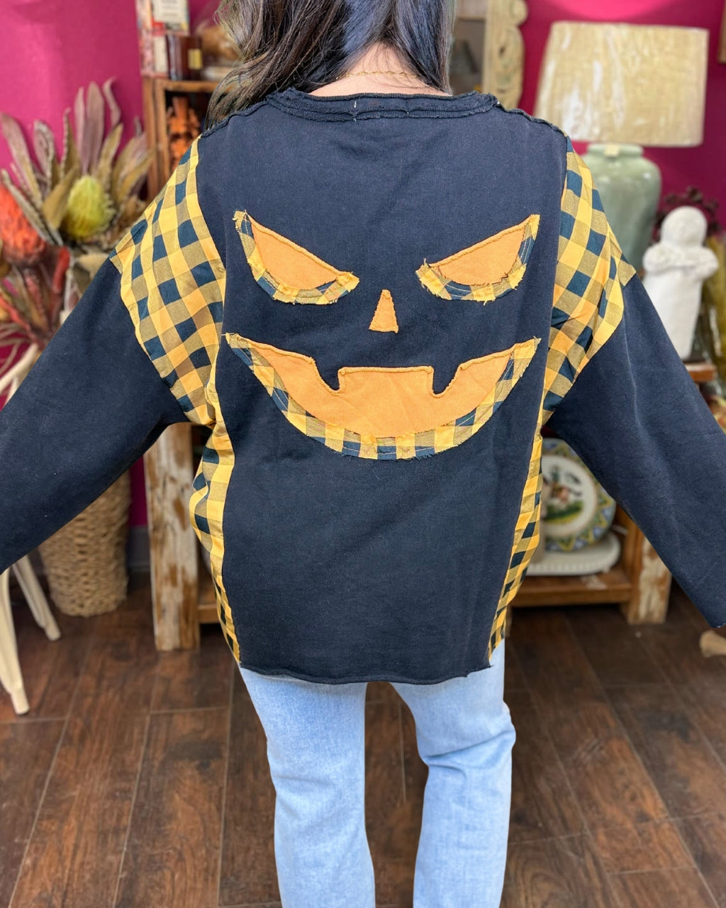 Applique Halloween Pumpkin Plaid Sweatshirt
