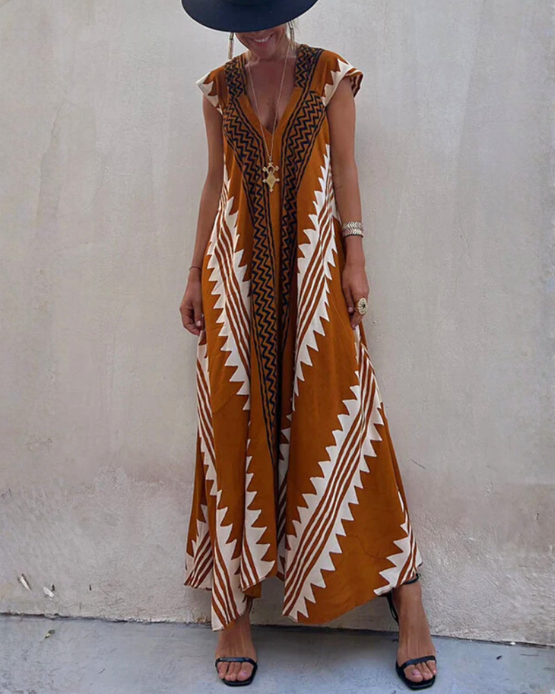 Striped Wavy V-Neck Maxi Dress