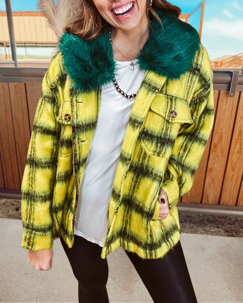 Unique Fur Collar Plaid Woolen Coat