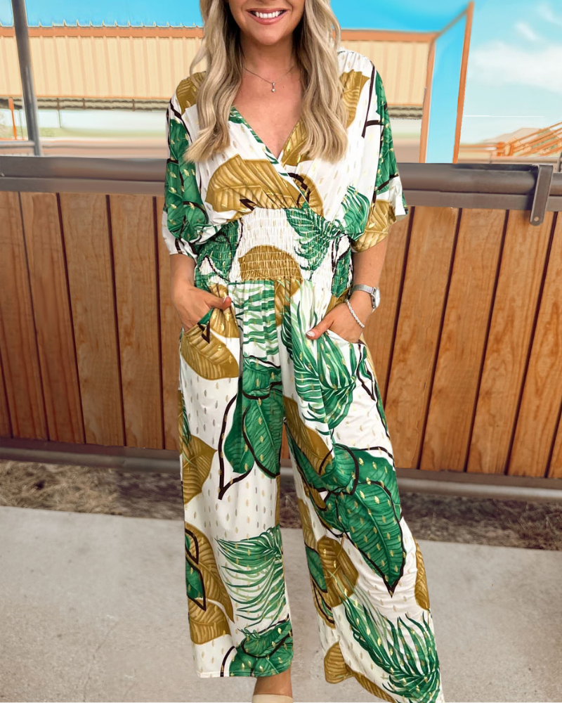 Tropical Pleated V-Neck Jumpsuit