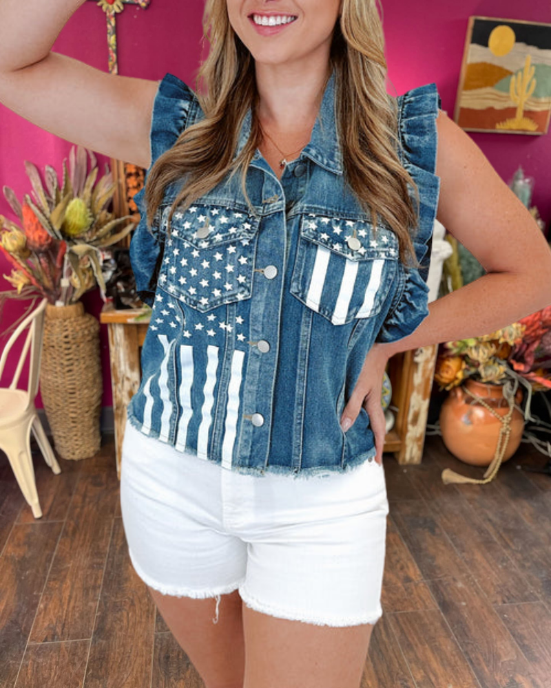 Ruffled Flag Denim Vest Jacket