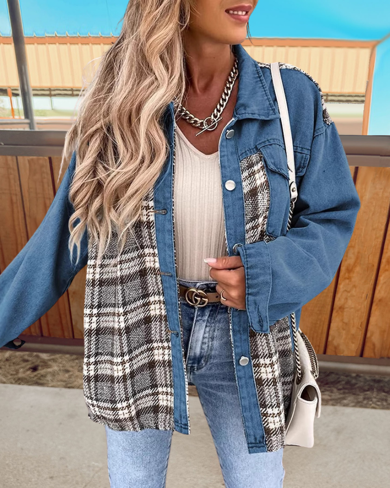 Trendy Plaid Patchwork Denim Jacket