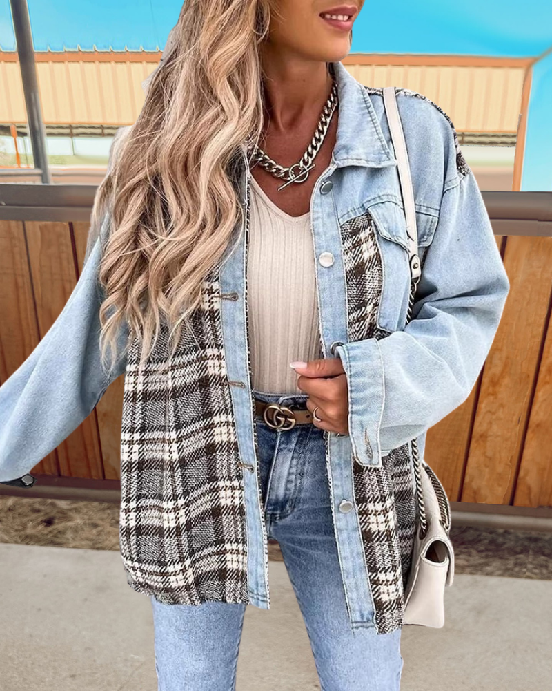 Trendy Plaid Patchwork Denim Jacket