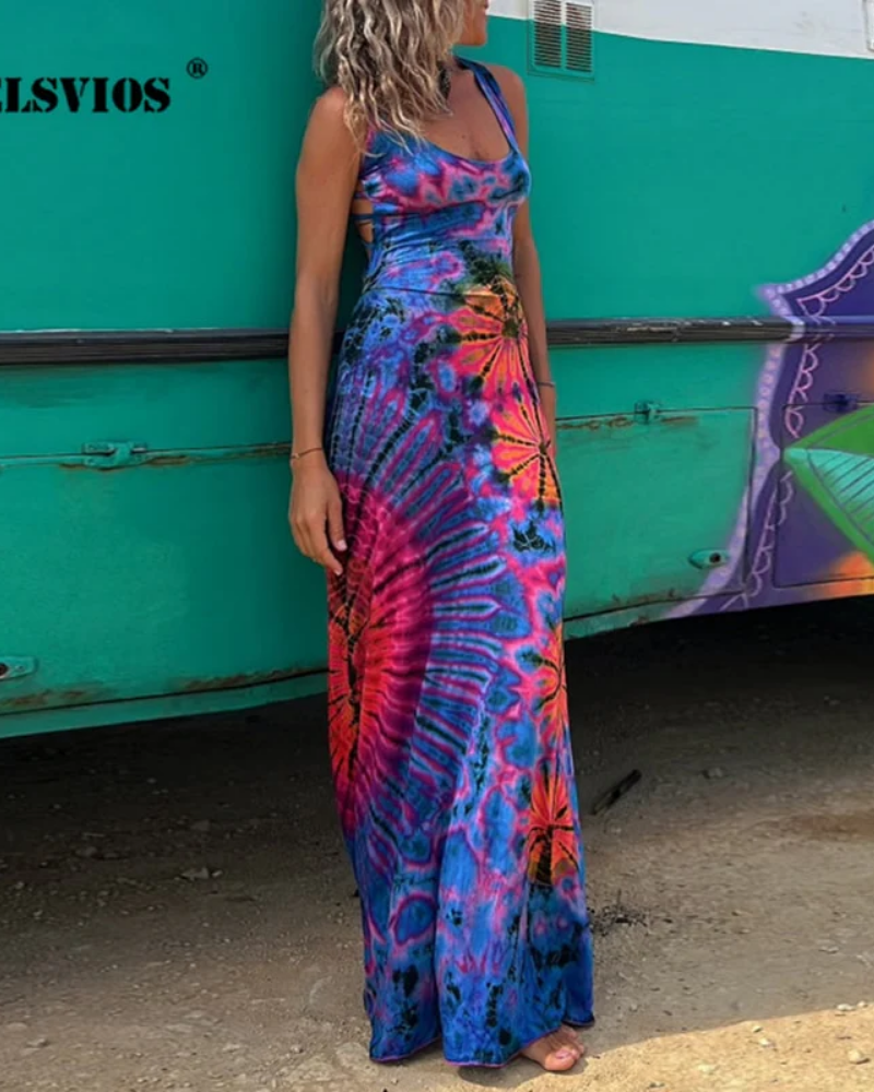 Chic Tie-Dye Backless Maxi Dress