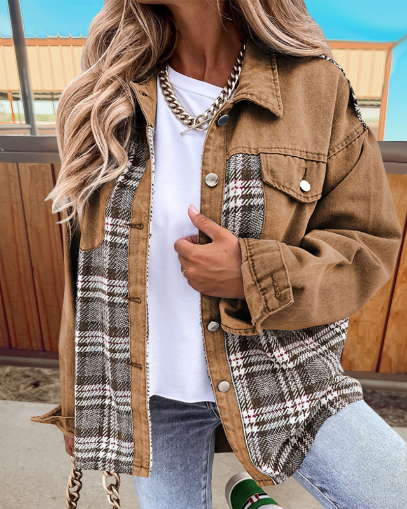 Trendy Plaid Patchwork Denim Jacket