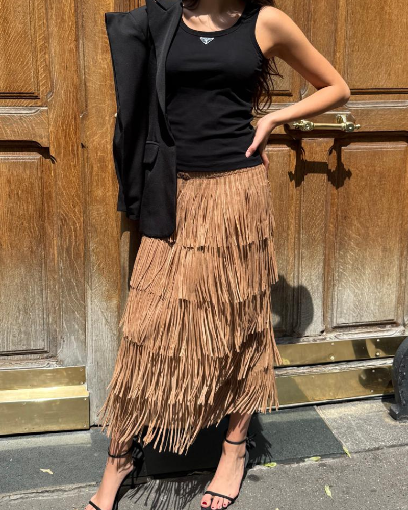 Layered Tassel Suede Midi Skirt
