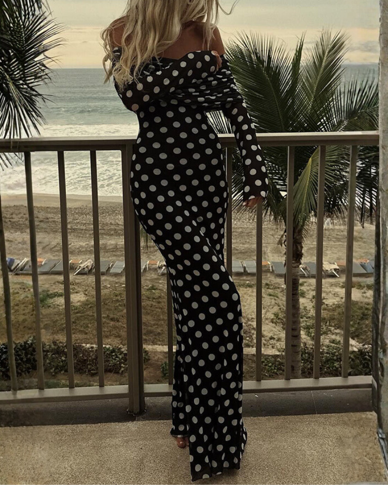 Slim Polka Dot Off-Shoulder Maxi Dress