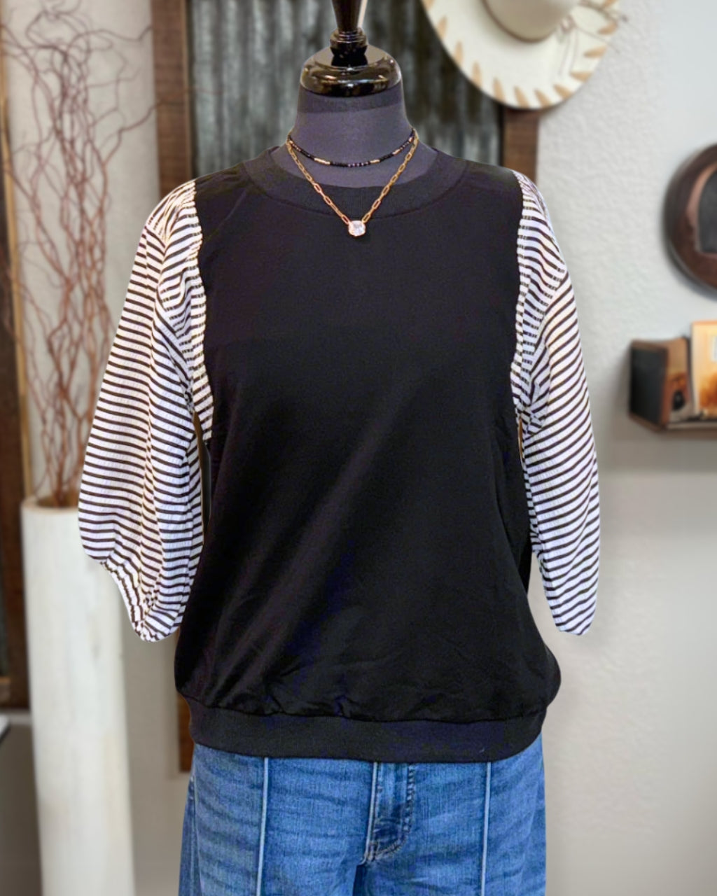 Striped Puff Sleeve Mixed Tee