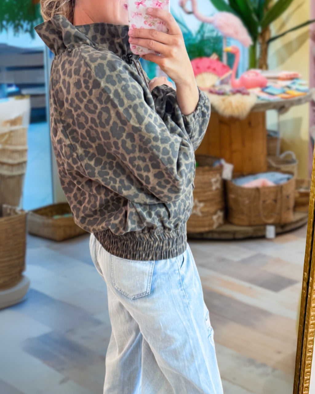 Washed Leopard Zip Up Jacket