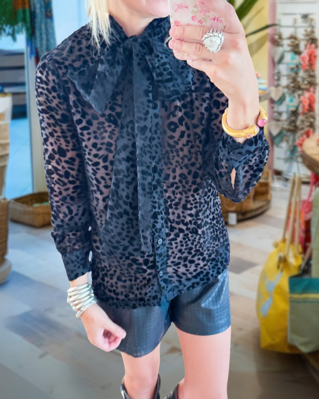 Leopard Chiffon Flocking Button Down Top