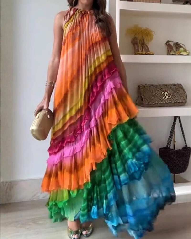 Chic Rainbow Ruffle Maxi Dress