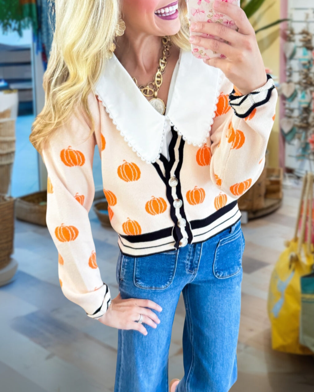 Pumpkin Print Knitted Cardigan