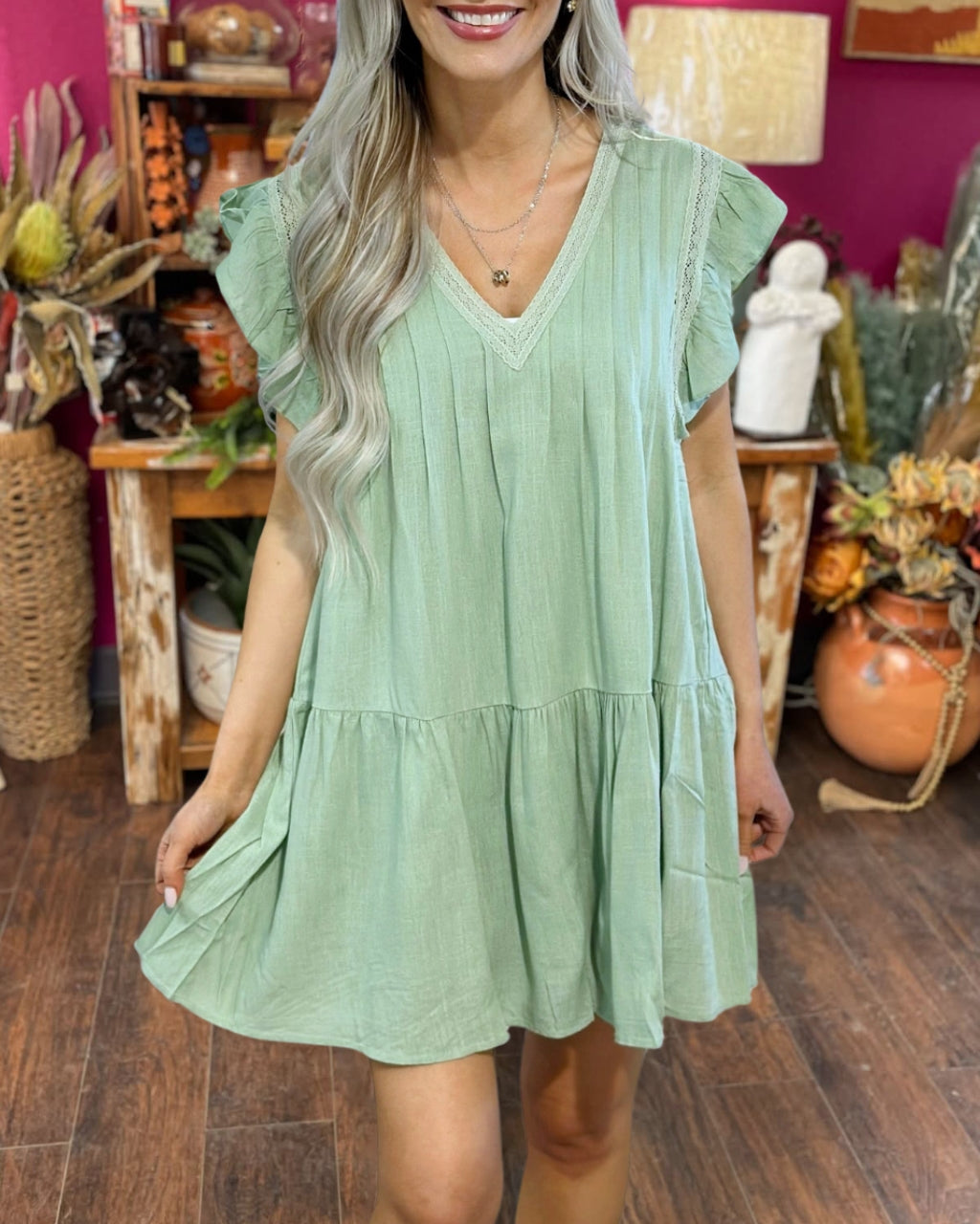 Linen Ruffled V-neck Dress