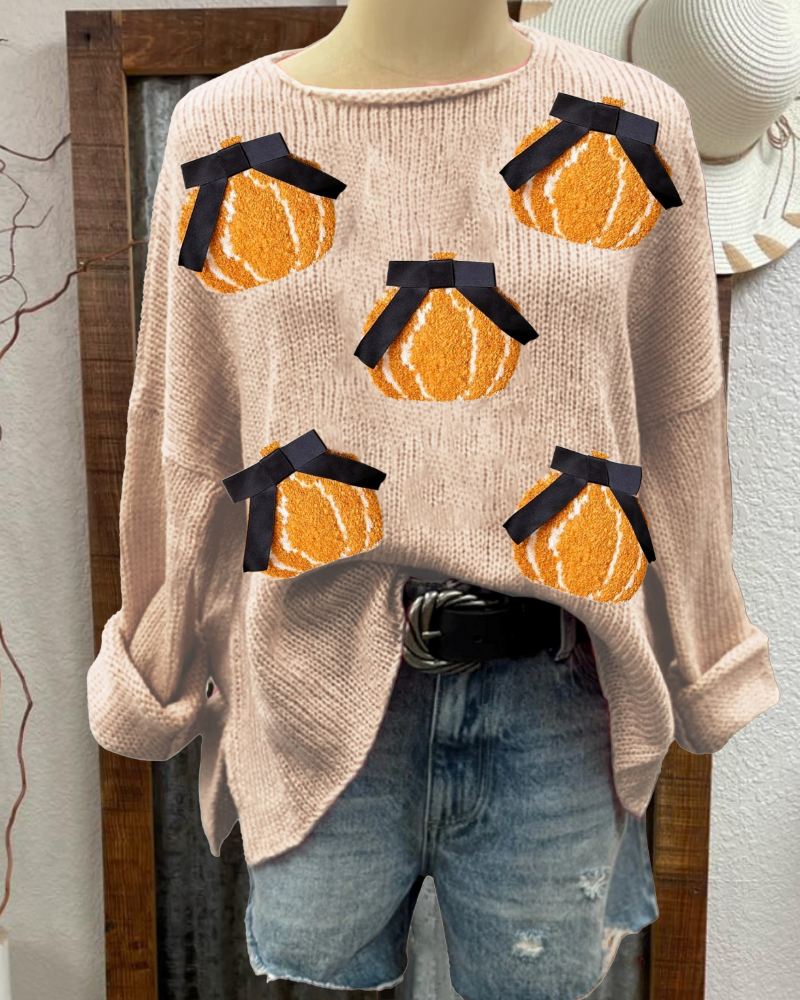 Bow Pumpkin Embroidered Sweater