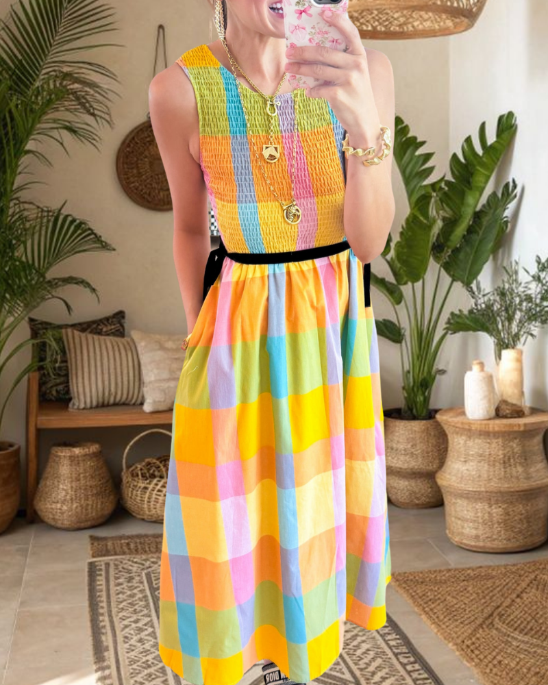 Colorful Check Pleated Dress