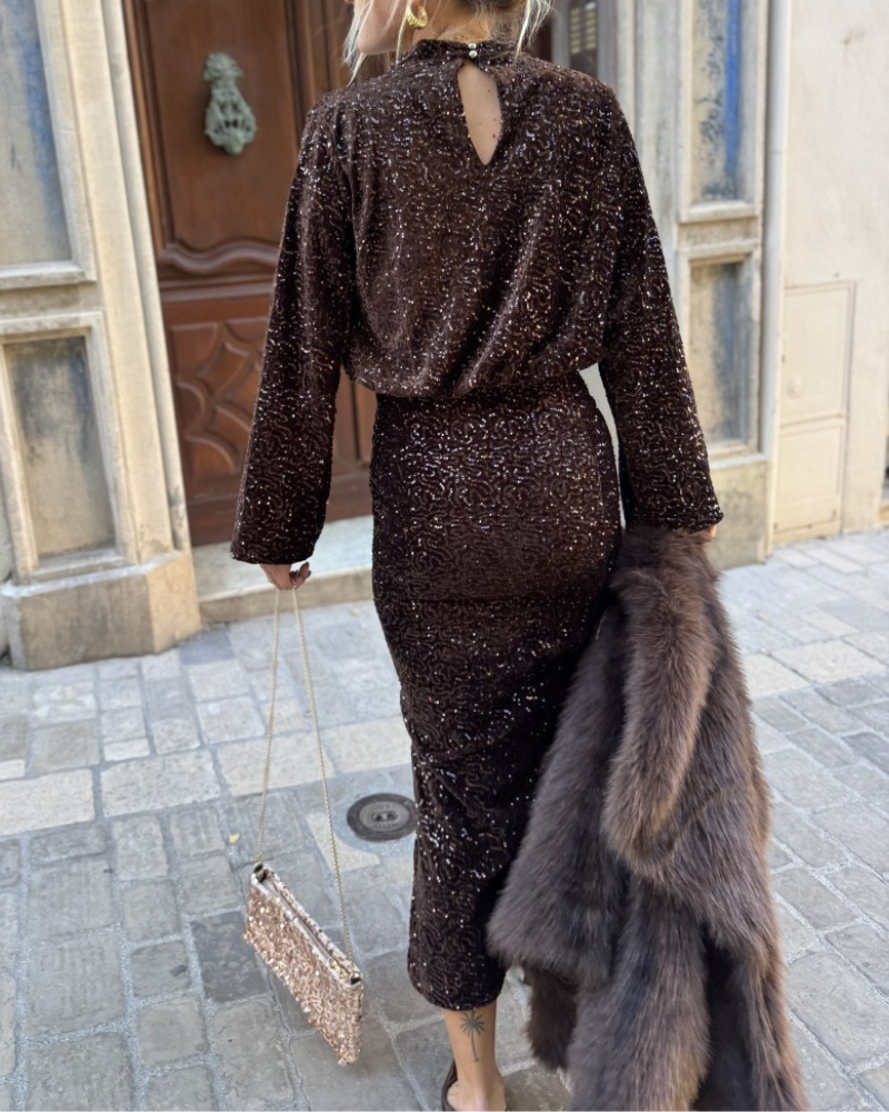 Pleated Sequined Turtleneck Top