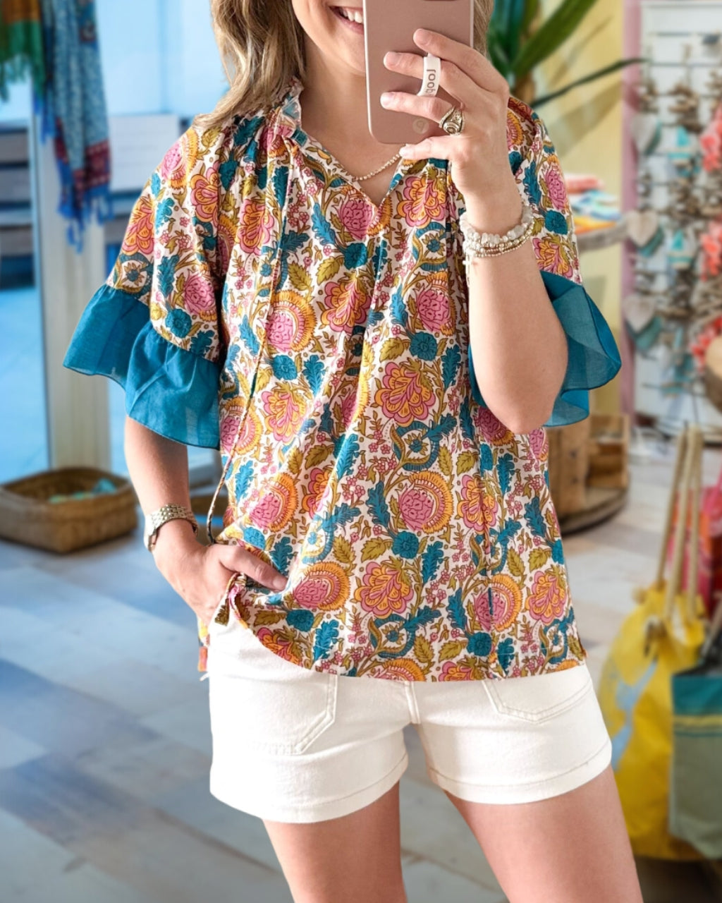 Colorful Floral Bell Sleeves Top
