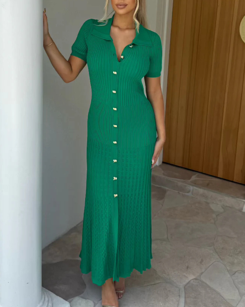 Ribbed Lapel Elastic Maxi Dress